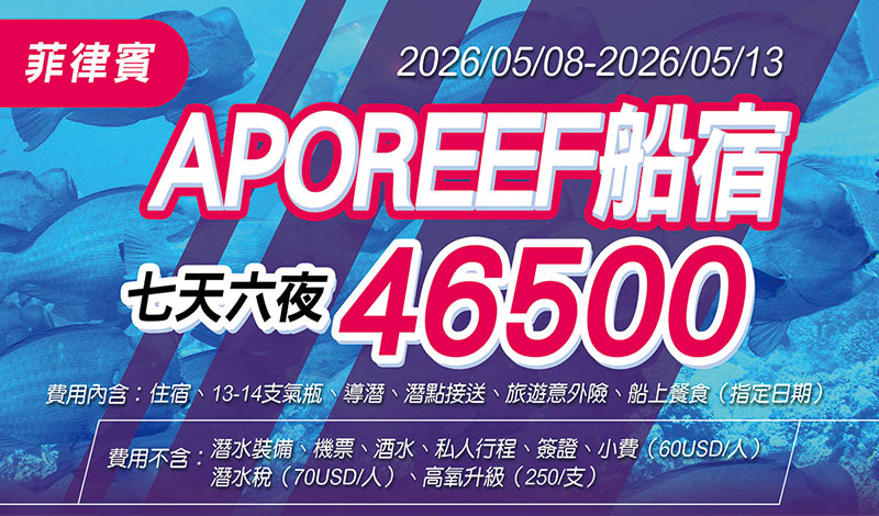 2026/5/8-5/13，(13-14次潛水）探索世界第二大珊瑚環礁：2026菲律賓APO REEF船宿潛水之旅